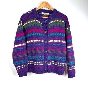 VTG 90s Alps Purple Wool Cardigan M Fair Isle Ski Granny Cottage Nordic Chunky